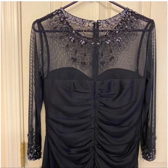 Alex Evenings Illusion Embellished 3/4 Sleeve Ruched A-Line Gown in Dark Navy - Picture 3 of 9